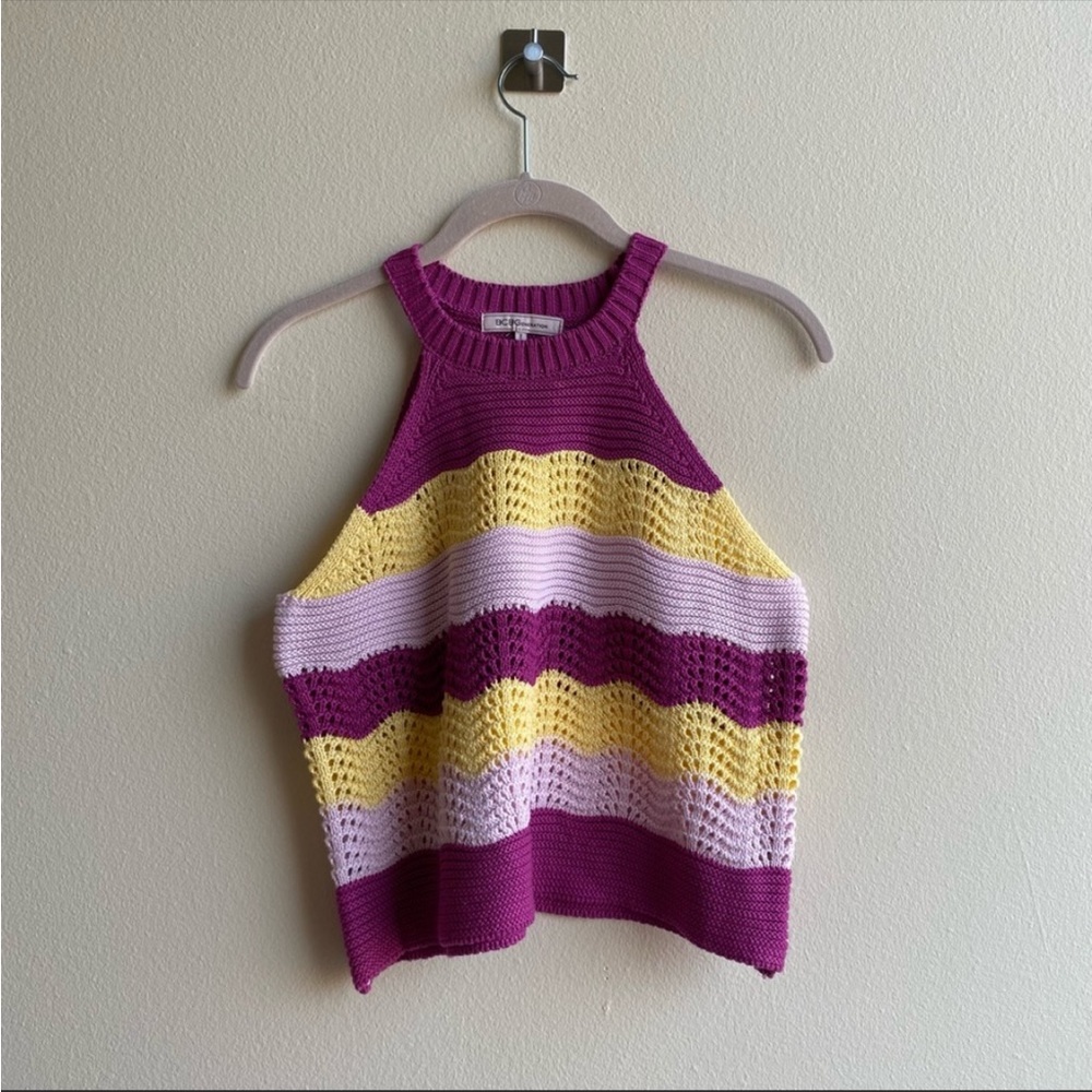 BCBG Pink & Yellow Striped Crocheted Knitted Halter Tank